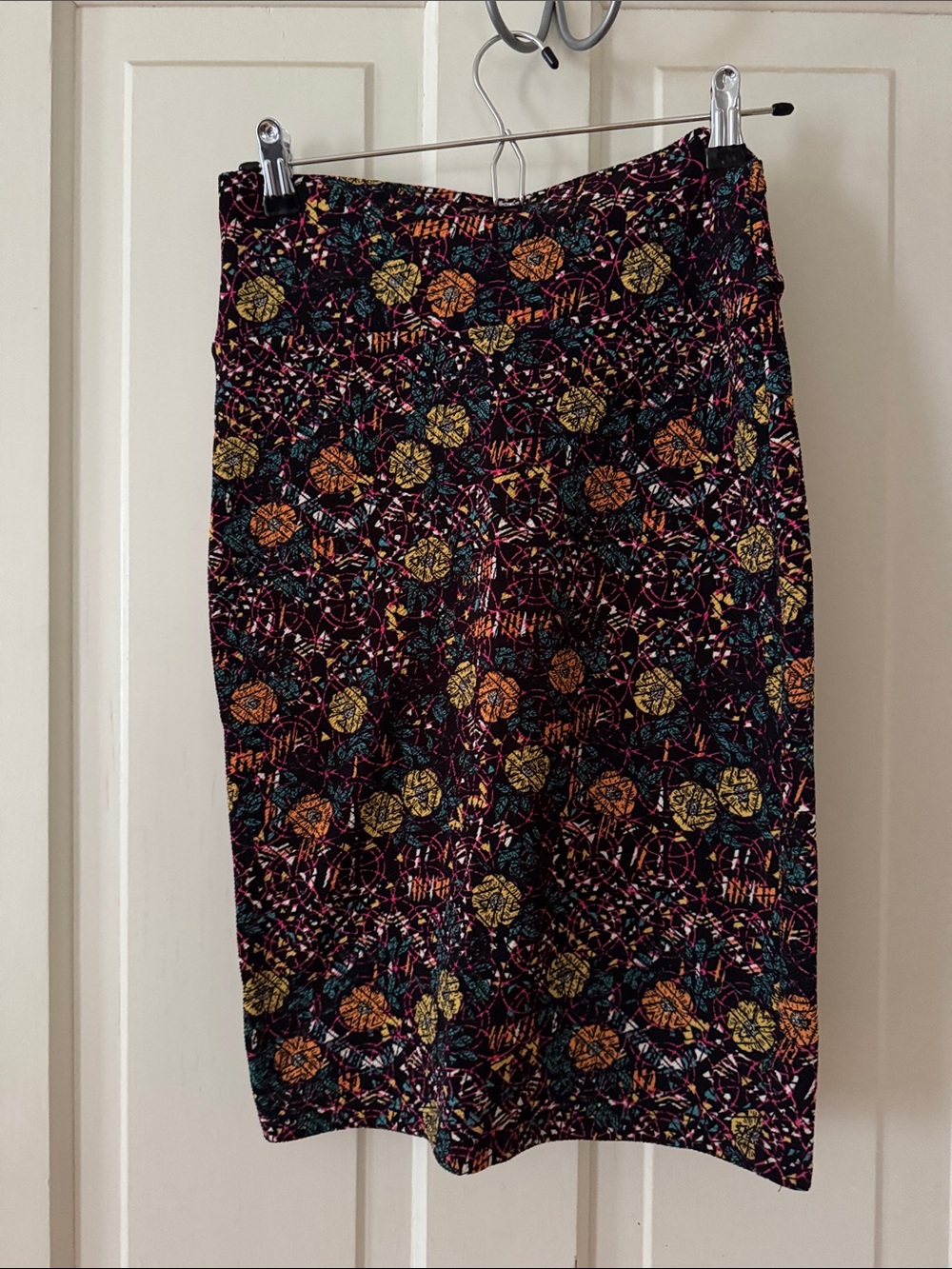 LuLaRoe Black Pencil Skirt with Yellow, Orange, Teal & Pink Floral Pattern